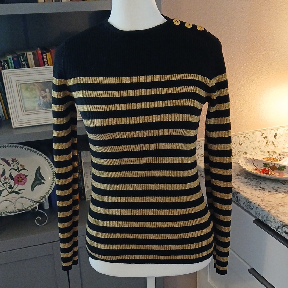 Lauren Ralph Lauren Womens Sweater Striped Black and Gold Size Petite S - Picture 2 of 7